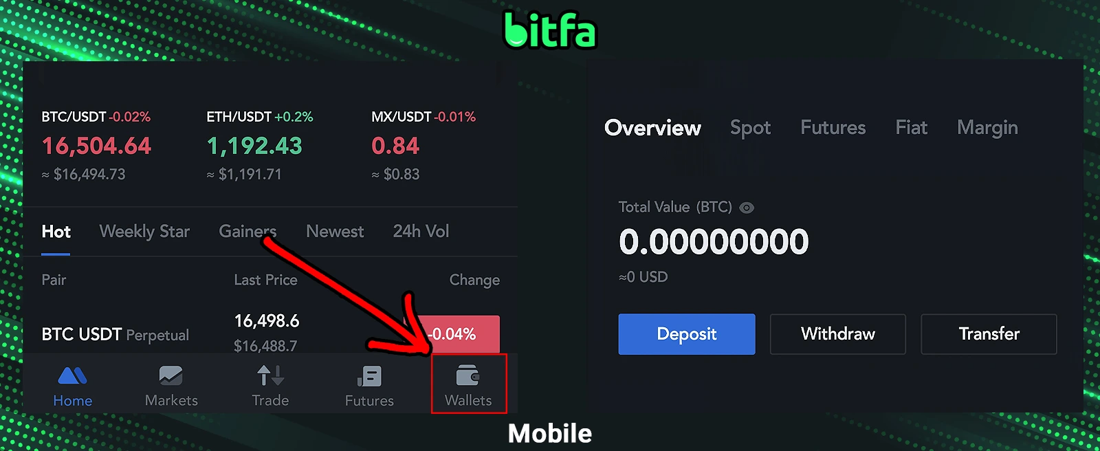 نحوه کار با کیف پول داخلی صرافی ام ایکس سی در موبایل