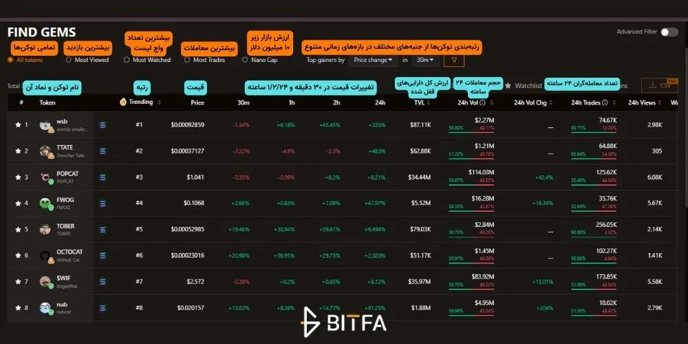 جستجوی برترین توکن‌ها در پلتفرم birdeye