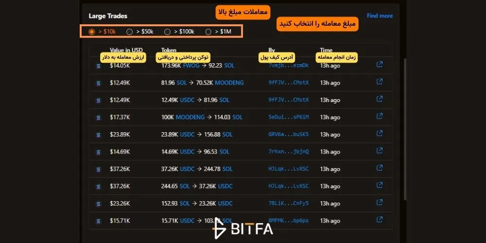 بررسی تریدهای مبلغ بالا در سایت birdeye