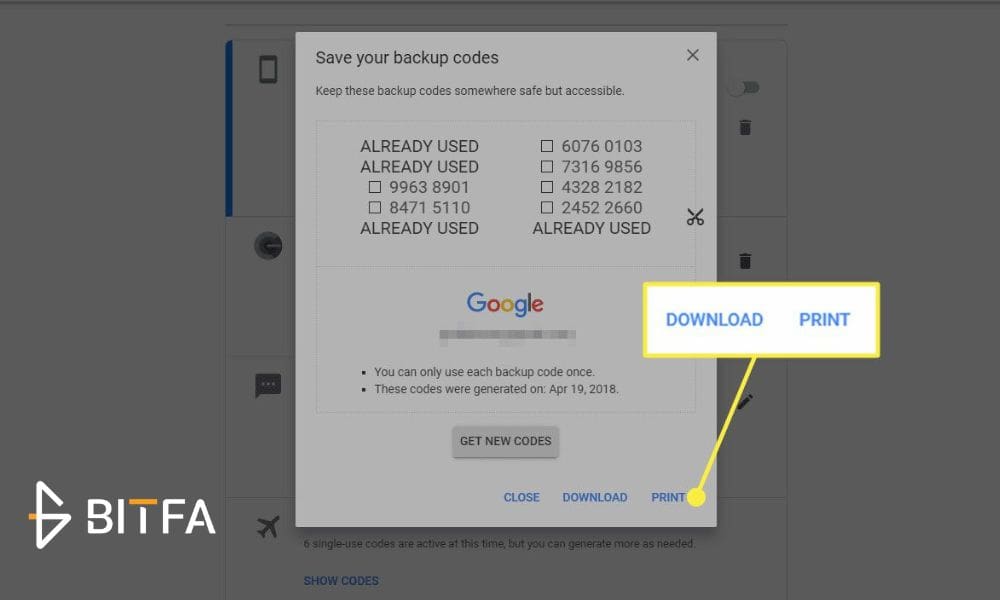 ایجاد کد‌های بک‌ آپ از طریق کامپیوتر