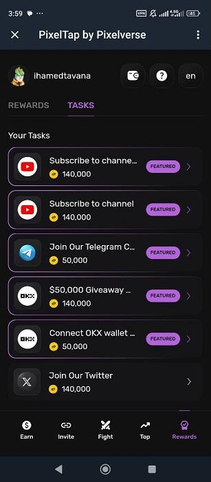 تسک های بخش rewards بازی پیکسل تپ