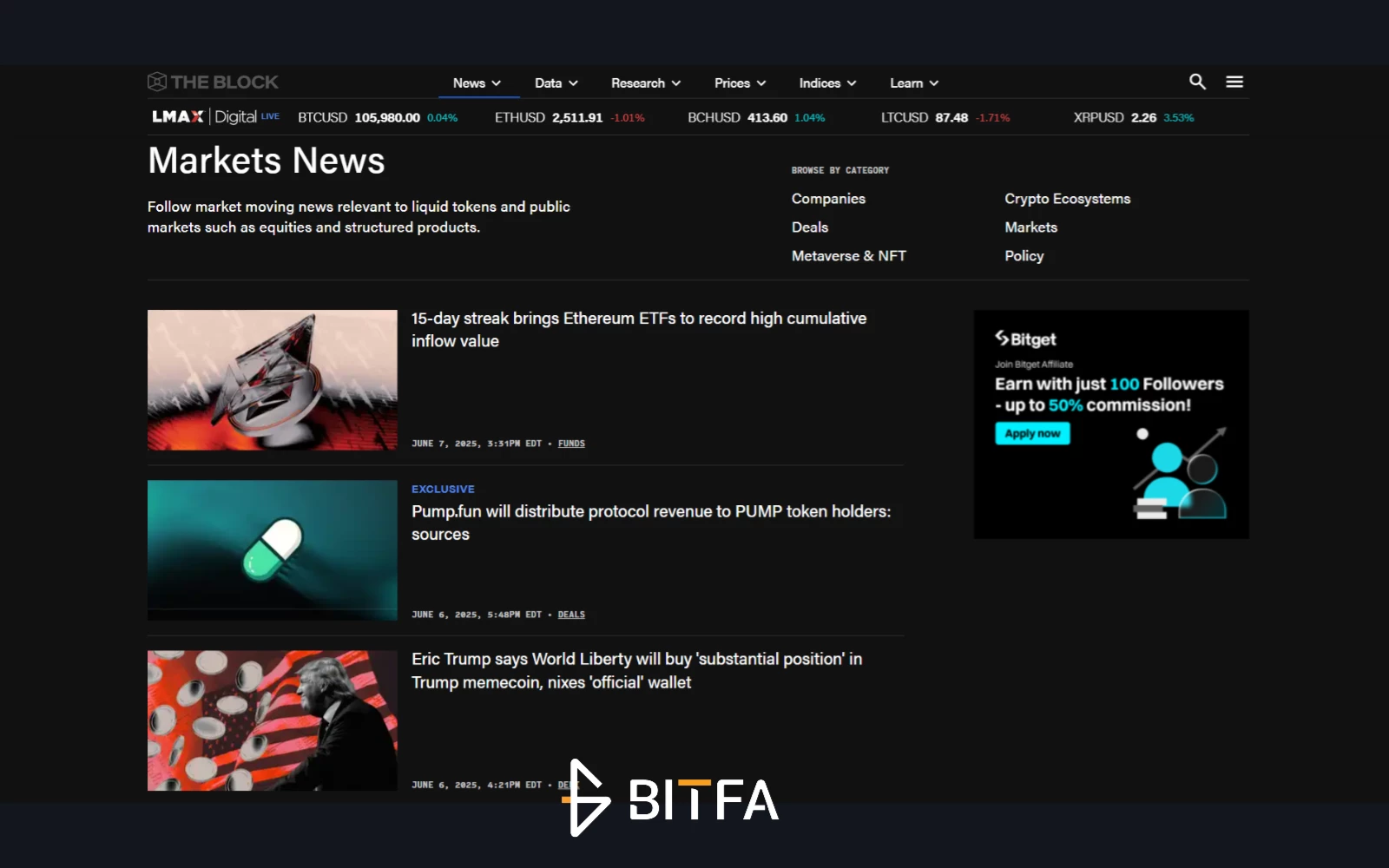 بخش Markets سایت د بلاک