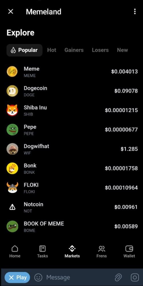 بخش Markets بازی Memeland تلگرام